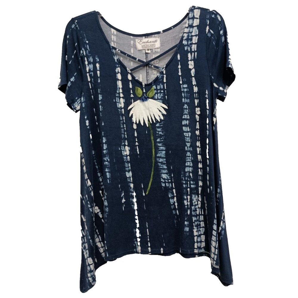 Enchante Handmade Originals Tunic Top Womens Medium‎ Blue Tie Dye Beaded Artsy